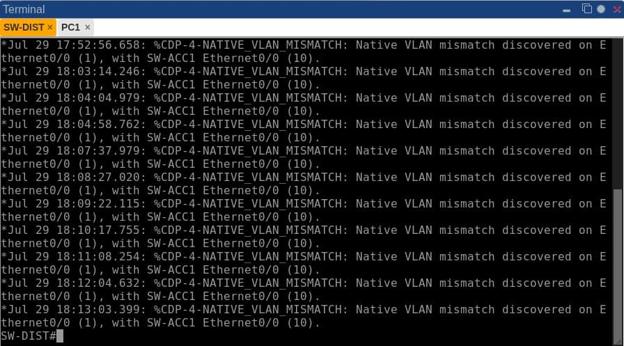 Real console output on SW-DIST showing repeated %CDP-4-NATIVE_VLAN_MISMATCH log messages naming SW-ACC1 Ethernet0/0
