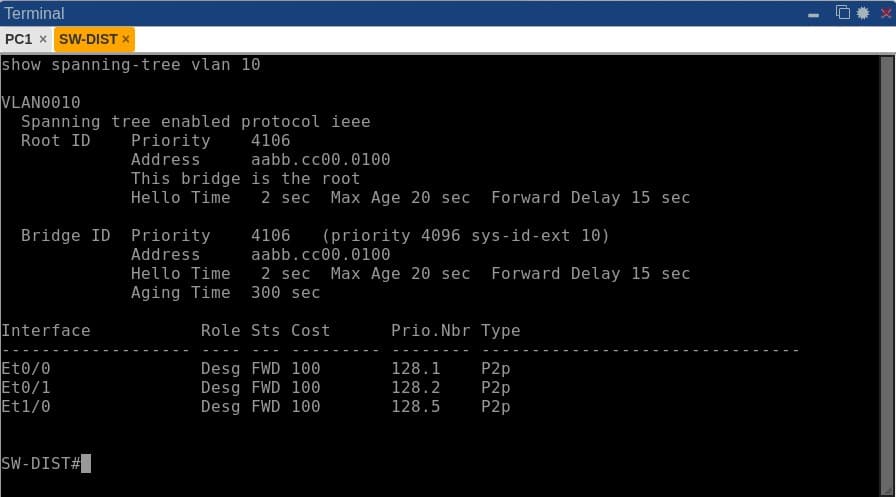 show spanning-tree vlan 10 output on SW-DIST showing a stable root bridge with both trunk interfaces in Desg FWD state